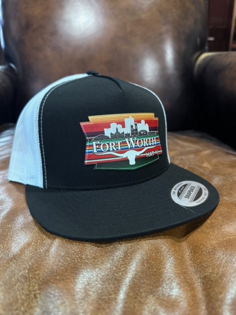 Fort Worth Skyline Serape Black & White Flat Bill